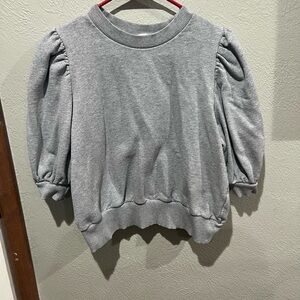 H&M Heather Gray Ribbed Collar Puff Sleeve 100% Cotton Top EUC Size L